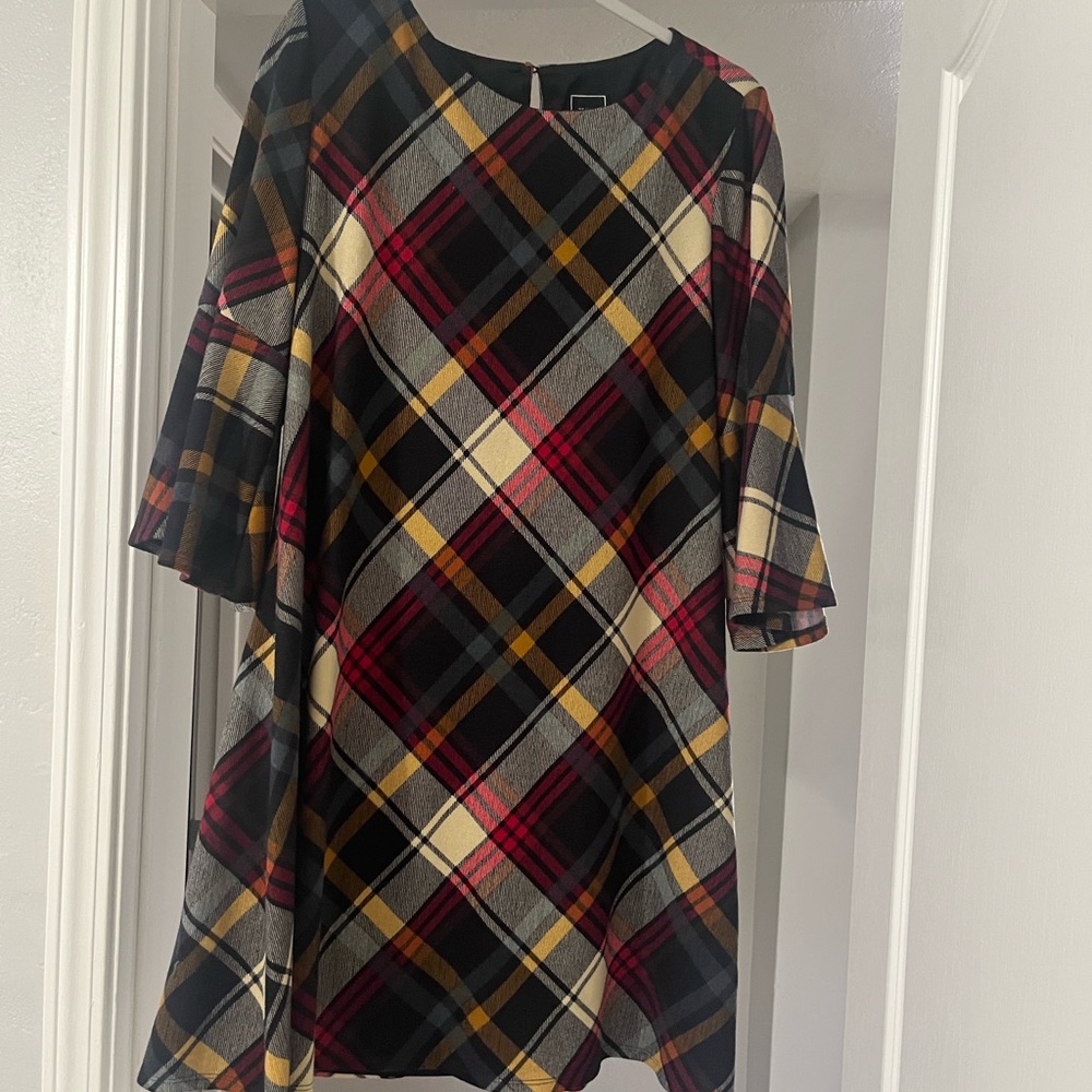 Plaid A-Line Dress with 3/4 Sleeves